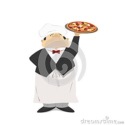 The waiter holds a pizza, Italian pizza in a restaurant. The waiter of pizzeria. Cartoon, retro Stock Photo