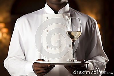 The waiter holds a tray with a glass of champagne Stock Photo