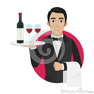 Waiter holds tray with wine and glasses Vector Illustration