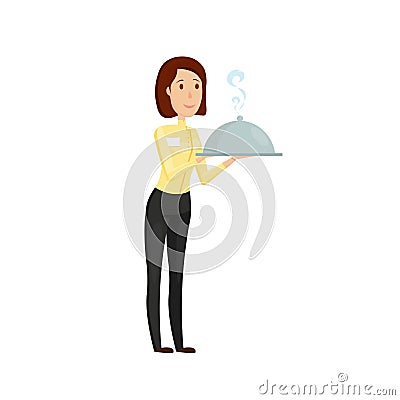 A waiter with a hot dish in the restaurant. Flat and cartoon style. Vector illustration on a white background. Vector Illustration