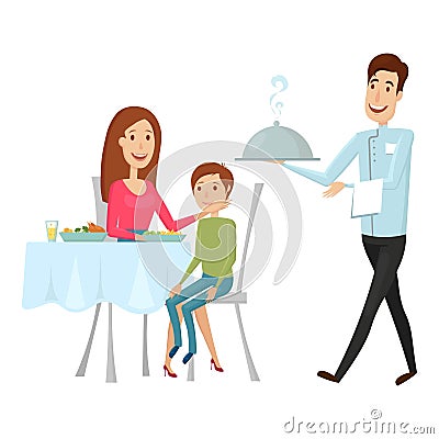 A waiter with a hot dish in the restaurant. Vector illustration on a white background. Flat and cartoon style. Vector Illustration