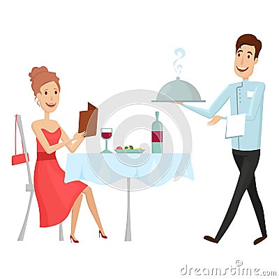 A waiter with a hot dish in the restaurant. Vector illustration on a white background. Flat and cartoon style. Vector Illustration