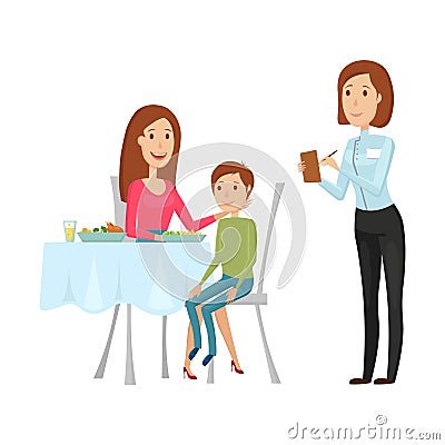 A waiter with a hot dish in the restaurant. Vector illustration on a white background. Flat and cartoon style. Vector Illustration