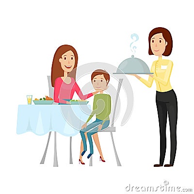 A waiter with a hot dish in the restaurant. Vector illustration on a white background. Flat and cartoon style. Vector Illustration