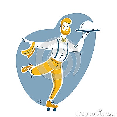 Waiter on roller skates Vector Illustration