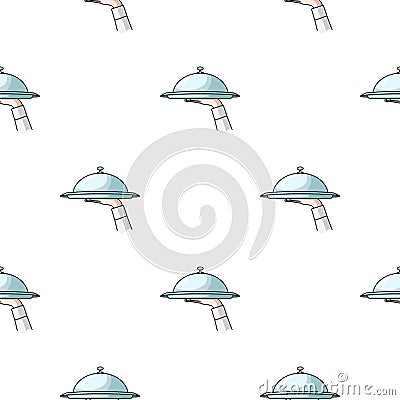Waiter`s hand holding a tray with cloche icon in cartoon style isolated on white background. Restaurant pattern stock Vector Illustration
