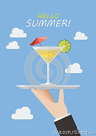 Waiter serving a cocktail drink Vector Illustration