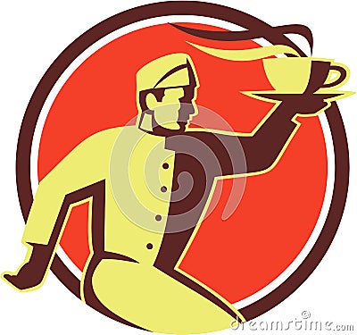 Waiter Serving Coffee Cup Retro Vector Illustration
