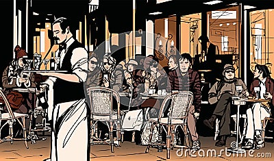 Waiter serving customers at traditional outdoor Parisian cafe Vector Illustration