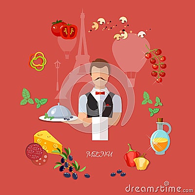 Waiter serving dish in silver platter with lid Vector Illustration