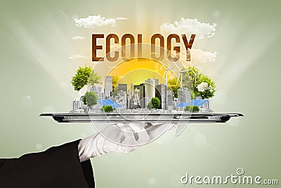 Waiter serving eco cityscape Stock Photo