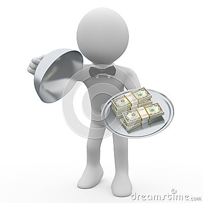 Waiter serving tray five wads of dollars Stock Photo