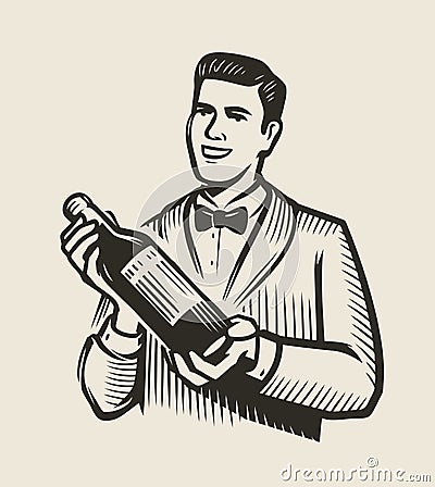 Waiter or sommelier with a bottle of wine. Restaurant vector illustration Vector Illustration