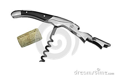 Waiter Or Sommelier Knife And Wine Bottle Cork White Isolated Stock Photo