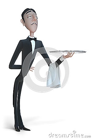 Waiter in tail-coat holding empty tray and napkin. 3d rendering Cartoon Illustration