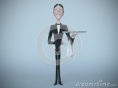 Waiter in tail-coat holding empty tray and napkin. 3d rendering Cartoon Illustration
