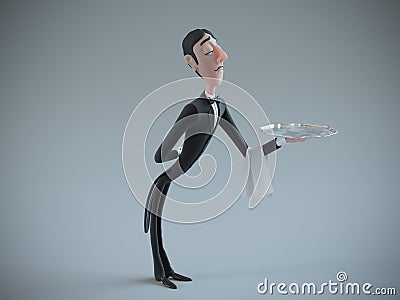 Waiter in tail-coat holding empty tray and napkin. 3d rendering Cartoon Illustration