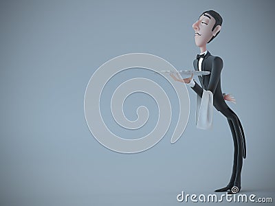 Waiter in tail-coat holding empty tray and napkin. 3d rendering Cartoon Illustration