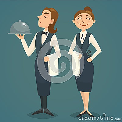 Waiter and waitress character design, vector cartoon illustration Vector Illustration