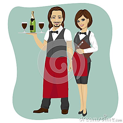 Waiter and waitress holding a serving tray with glass and bottle of champagne and menu Vector Illustration