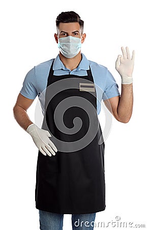 Waiter wearing medical face mask on white background Stock Photo