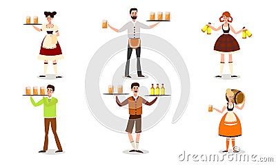 Waiters in bright traditional costumes serving beer drinks vector illustration Vector Illustration