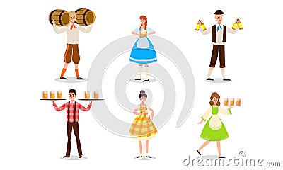 Waiters in german uniform serving beer drinks vector illustration Vector Illustration