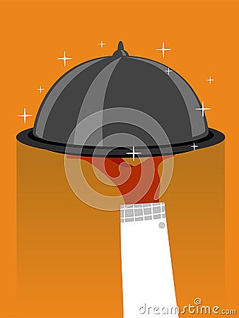 Waiters Hand Holding a Cloche Sparkling in Orange Background Vector Illustration