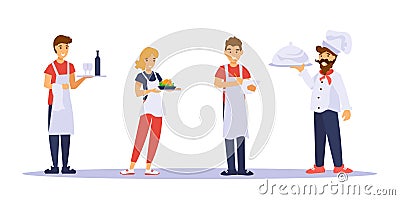 Waiters, waitress and shef cook greet guests of a cafe. Isolated on white background. Vector Illustration