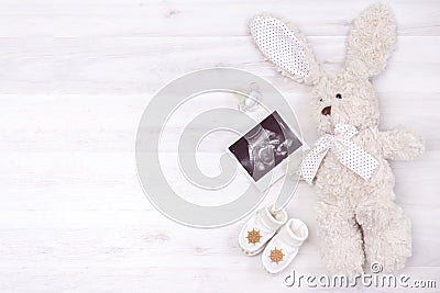 Waiting for the baby. boy. sonogram of the image of the fetus in the womb of a pregnant woman and a toy bunny boy Stock Photo