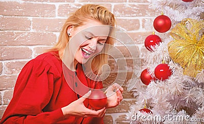 Waiting for christmas. Woman happy relaxing near christmas tree. Things you must do before holiday celebration start Stock Photo