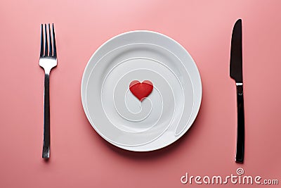 Waiting for a favorite dish in restaurant or cafe. Heart on plate with fork and knife. Lovers meeting at a daily lunch Stock Photo
