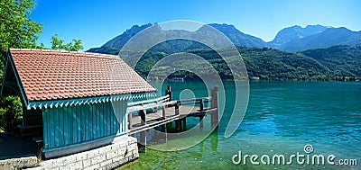 Waiting house for tourists to embark ships to Duingt on Annecy lake, french Alps Stock Photo