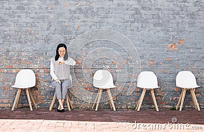 Waiting, interview and woman check time for recruitment, job opportunity and human resources feedback. Asian person Stock Photo