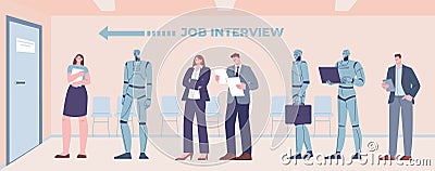 Waiting line employees, queue to job interview. Cyborg robot and human, technology progress on business work. Robots vs people Vector Illustration