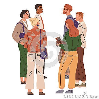 Waiting line, people queuing. People waiting in line at coffee shop were browsing their phones Vector Illustration