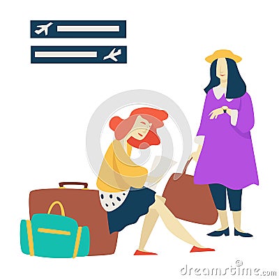 Waiting room airport women with baggage flight delay Vector Illustration