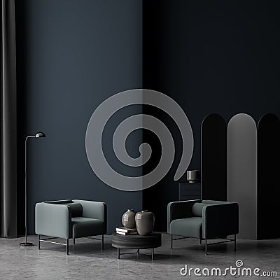 Waiting room with dark blue walls, two chairs, devider Stock Photo