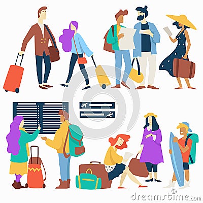 Waiting room and departure schedule board airplane passengers Vector Illustration