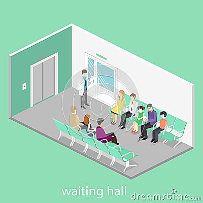 Waiting room at the hospital. Visitors sit on the chairs in the corridor. patient waits to receive a doctor. Cartoon Illustration