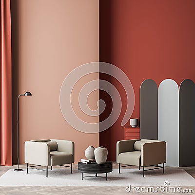 Waiting room with red walls, two armchairs, devider Stock Photo