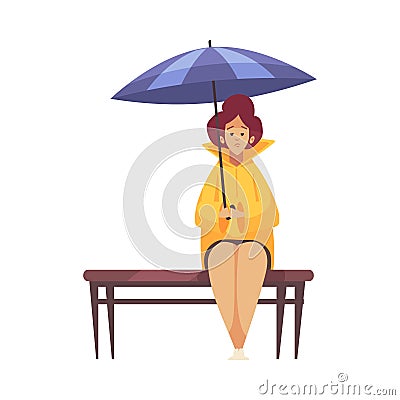 Waiting Under Rain Composition Vector Illustration