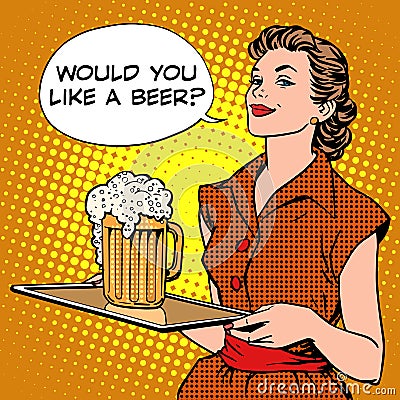 The waitress beer on a tray Vector Illustration