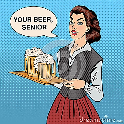 Waitress with Beer. Woman Holding a Tray with Glasses of Beer Vector Illustration