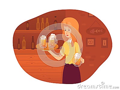 Waitress carrying beer mugs in pub vector illustration Vector Illustration