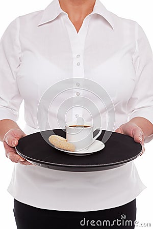 Waitress with Espresso coffee and Amaretti biscuits, Stock Photo