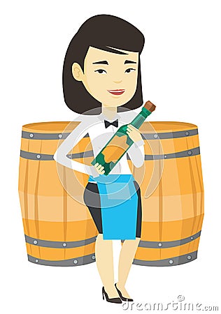 Waitress holding bottle of alcohol. Vector Illustration