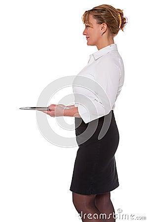 Waitress holding an empty silver tray Stock Photo