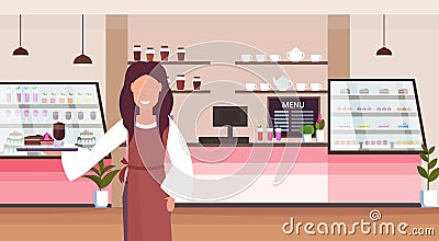 Waitress holding tray with cake and cappuccino coffee shop worker serving clients smiling woman standing modern Vector Illustration