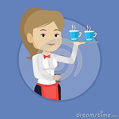 Waitress holding tray with cups of coffeee or tea. Vector Illustration